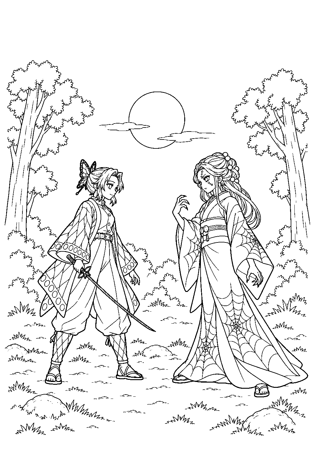 shinobu kocho confronting the sister spider demon in a moonlit forest line art