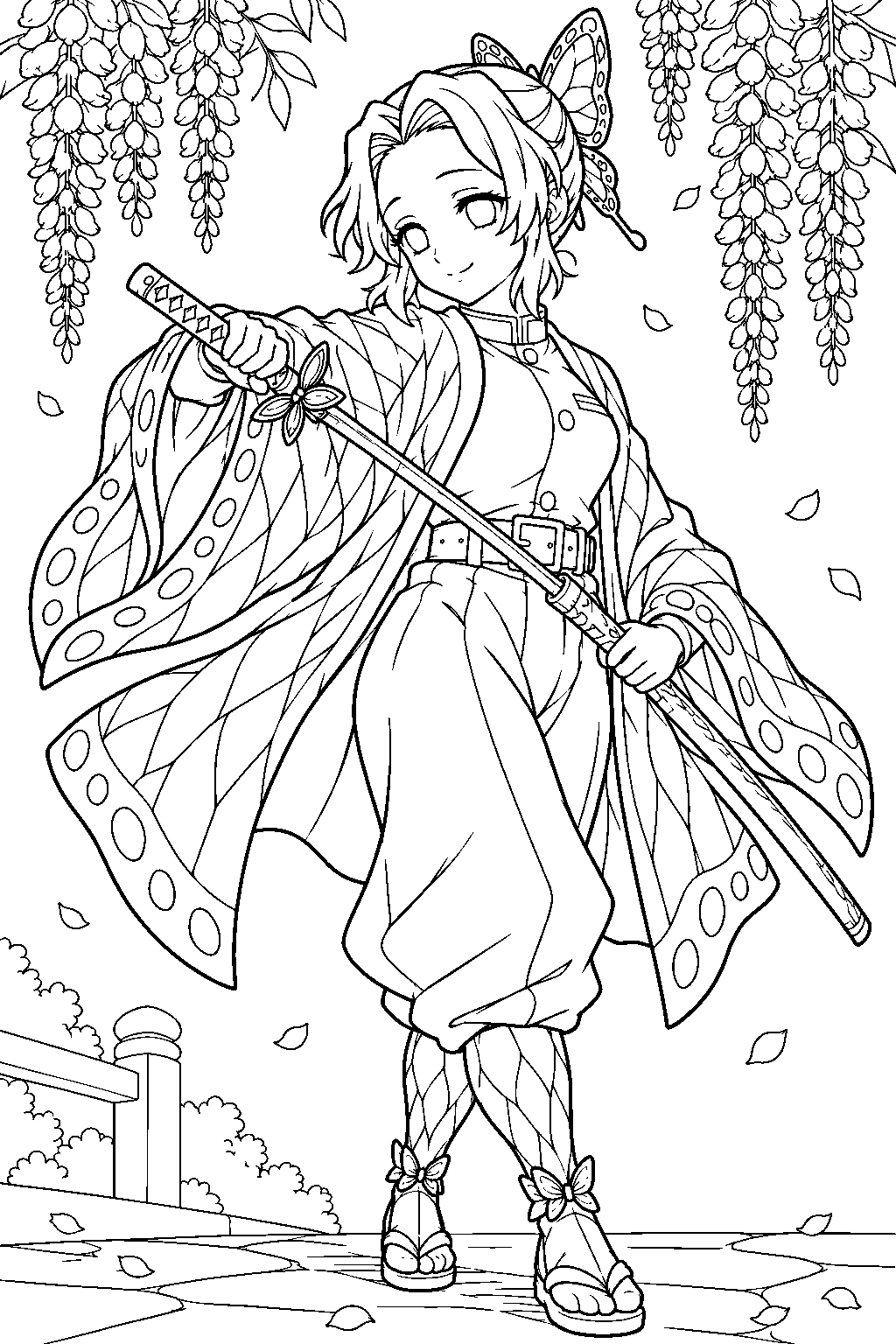 shinobu kocho drawing her nichirin sword beneath hanging wisteria line art