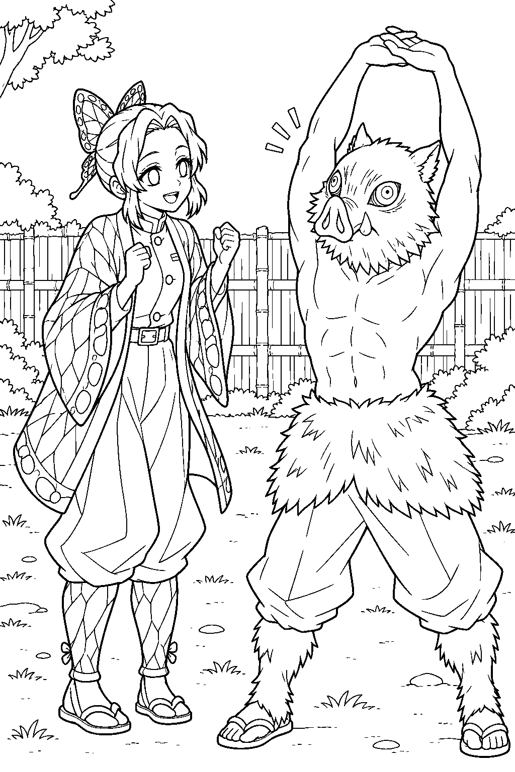 shinobu kocho encouraging inosuke hashibira during rehabilitation training line art