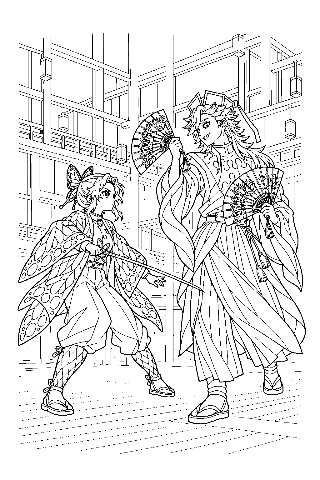 shinobu kocho facing doma and his folding fans in infinity castle line art