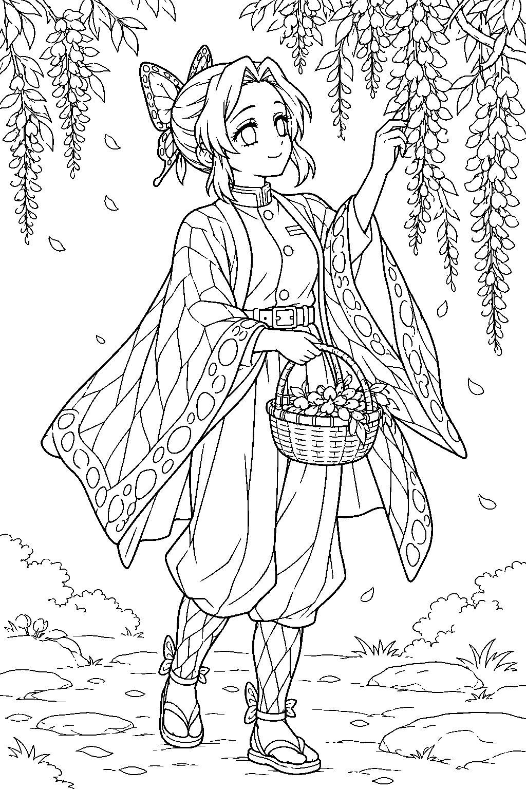shinobu kocho gathering wisteria blossoms for her medicine line art
