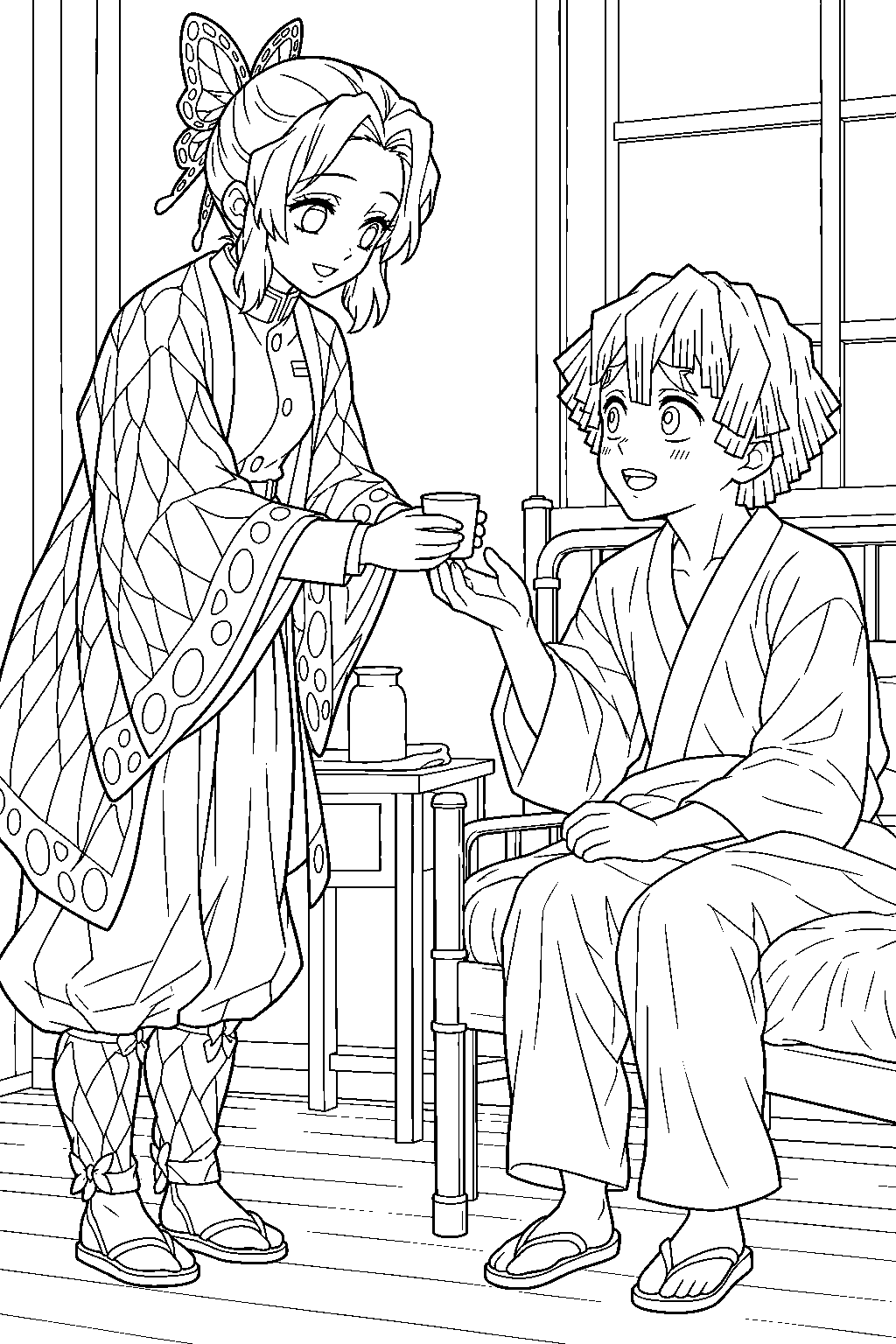 shinobu kocho giving zenitsu agatsuma his medicine in the recovery ward line art