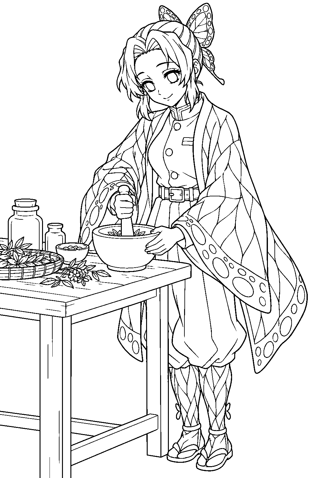 shinobu kocho grinding medicinal herbs with a mortar and pestle line art
