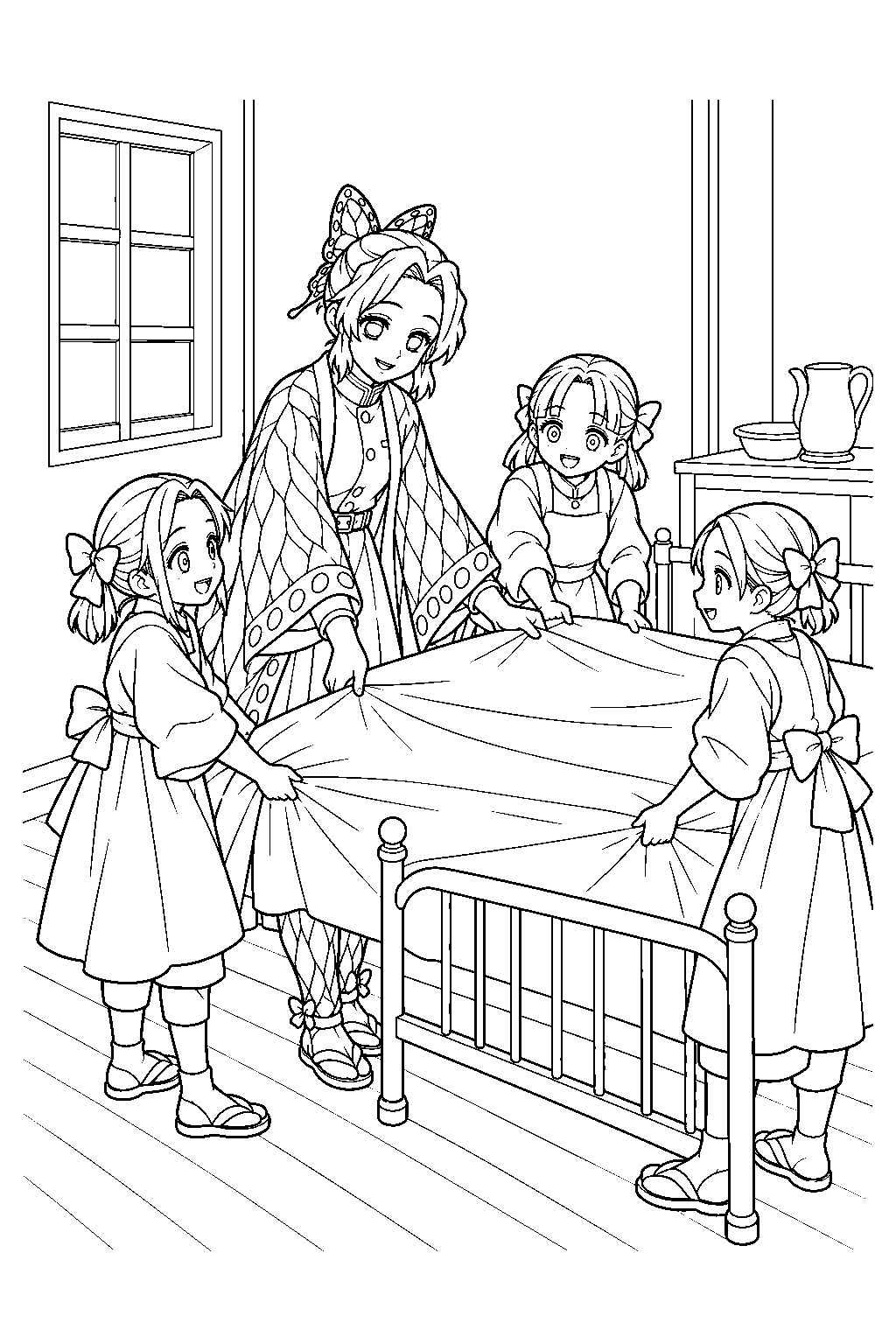 shinobu kocho helping sumi kiyo and naho prepare a patient bed line art