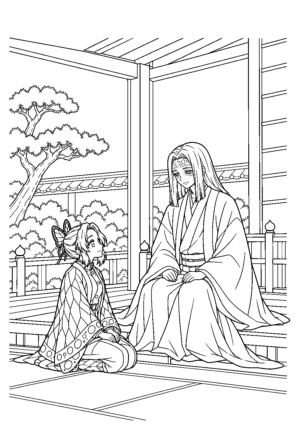 shinobu kocho kneeling before kagaya ubuyashiki at a hashira meeting line art