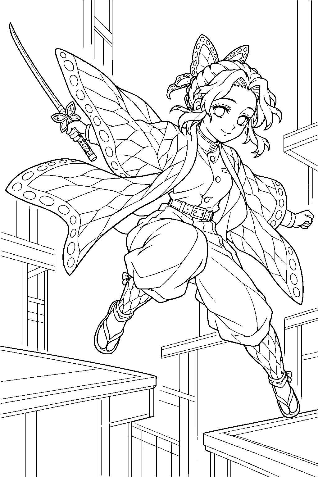 shinobu kocho leaping through the shifting rooms of infinity castle line art