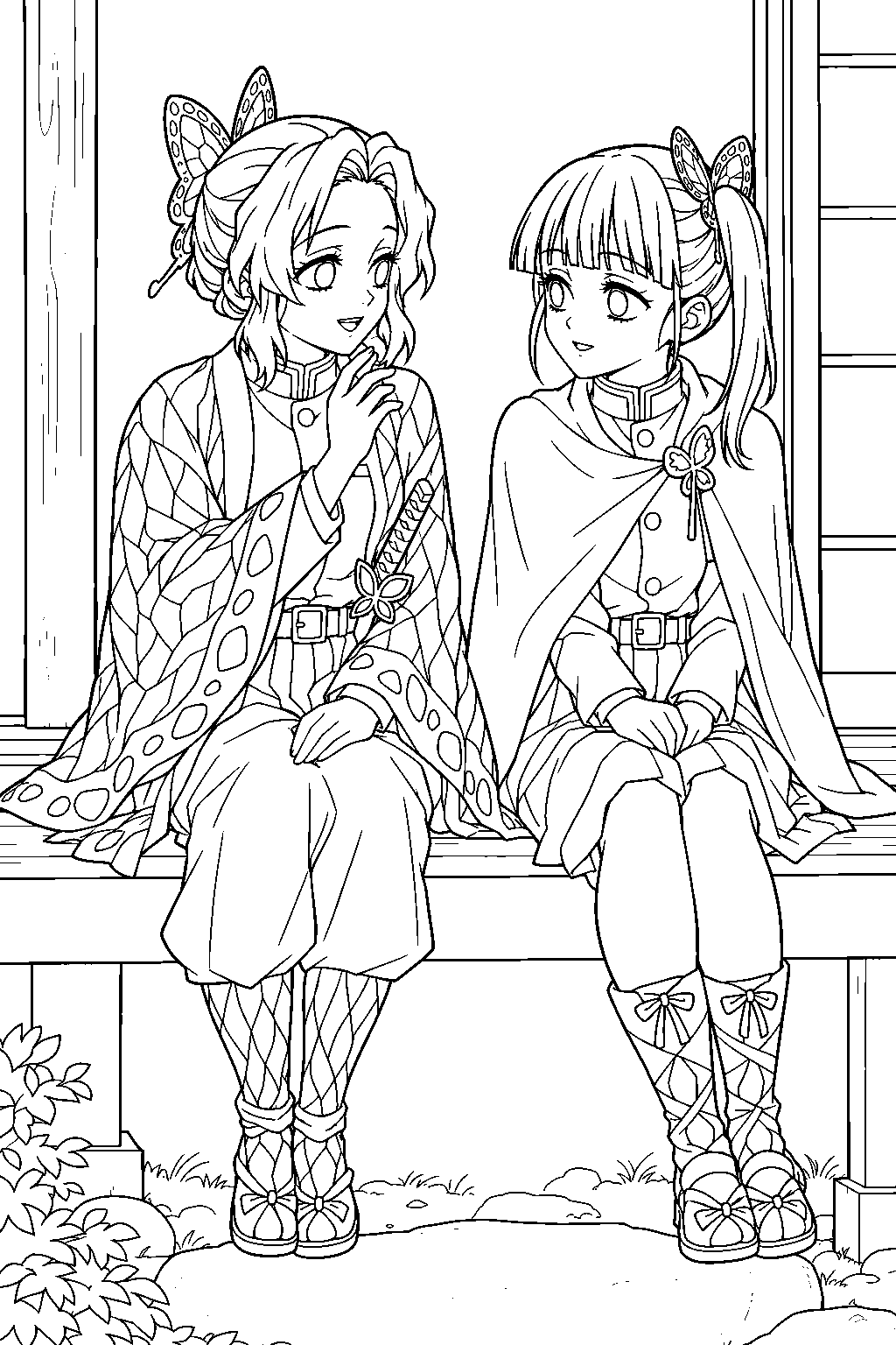 shinobu kocho listening to kanao tsuyuri on the butterfly mansion veranda line art