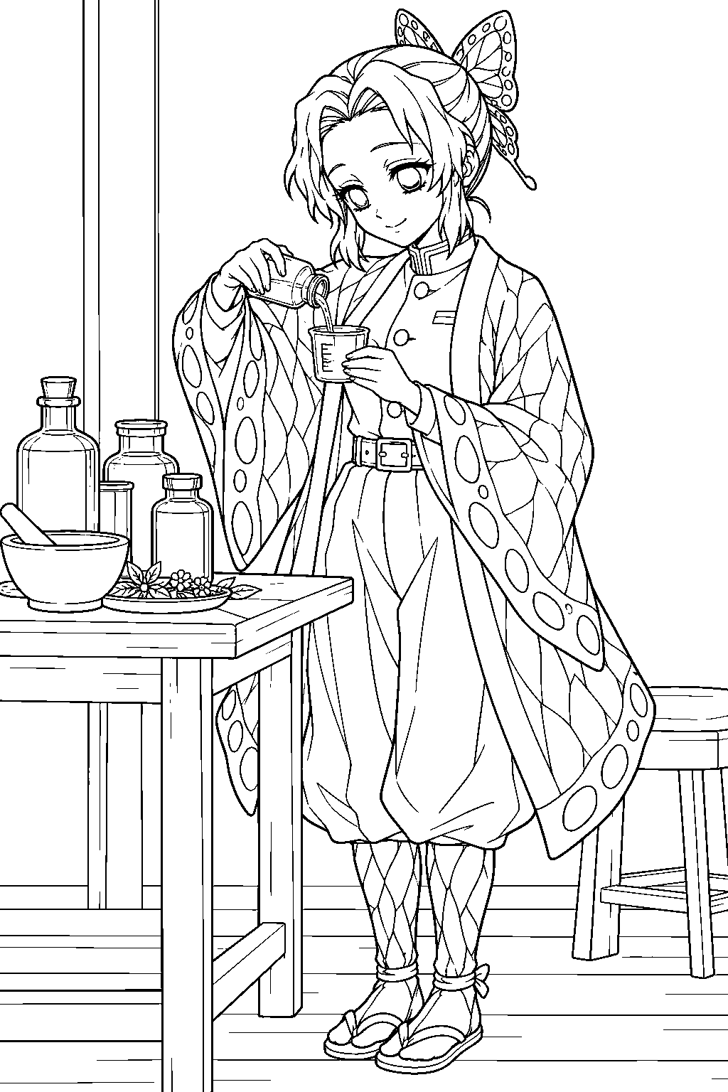 shinobu kocho measuring medicine beside a row of glass bottles line art