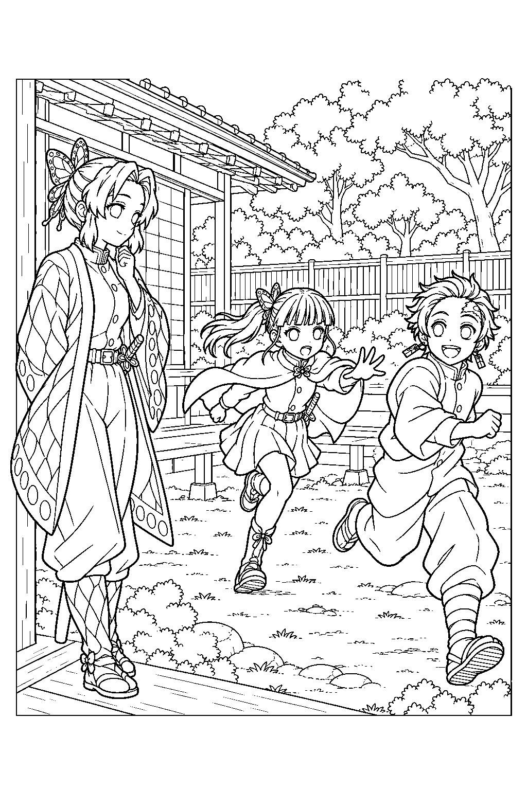 shinobu kocho observing kanao tsuyuri chase tanjiro kamado across the training courtyard line art