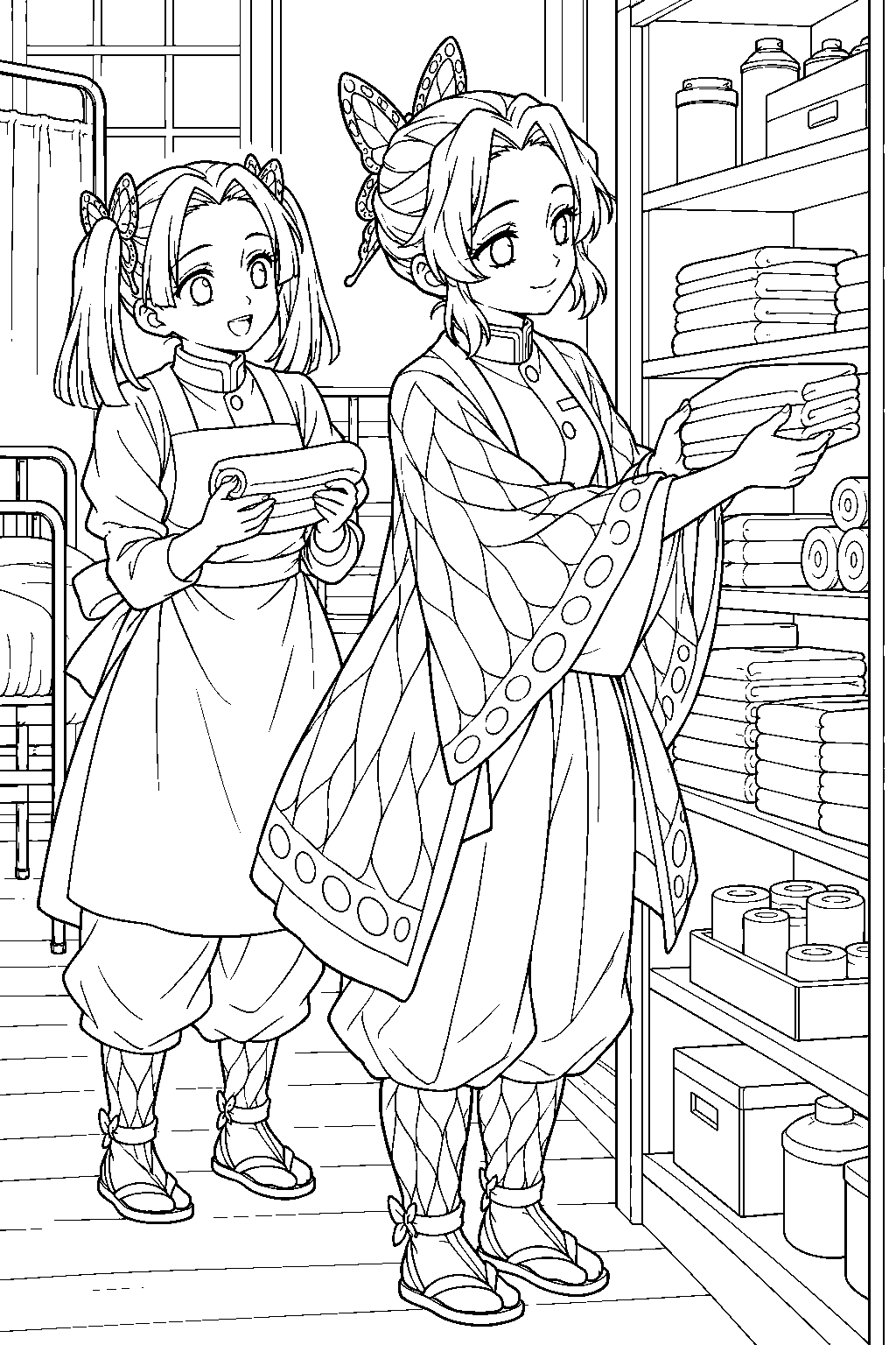 shinobu kocho organizing bandages with aoi kanzaki in the infirmary line art