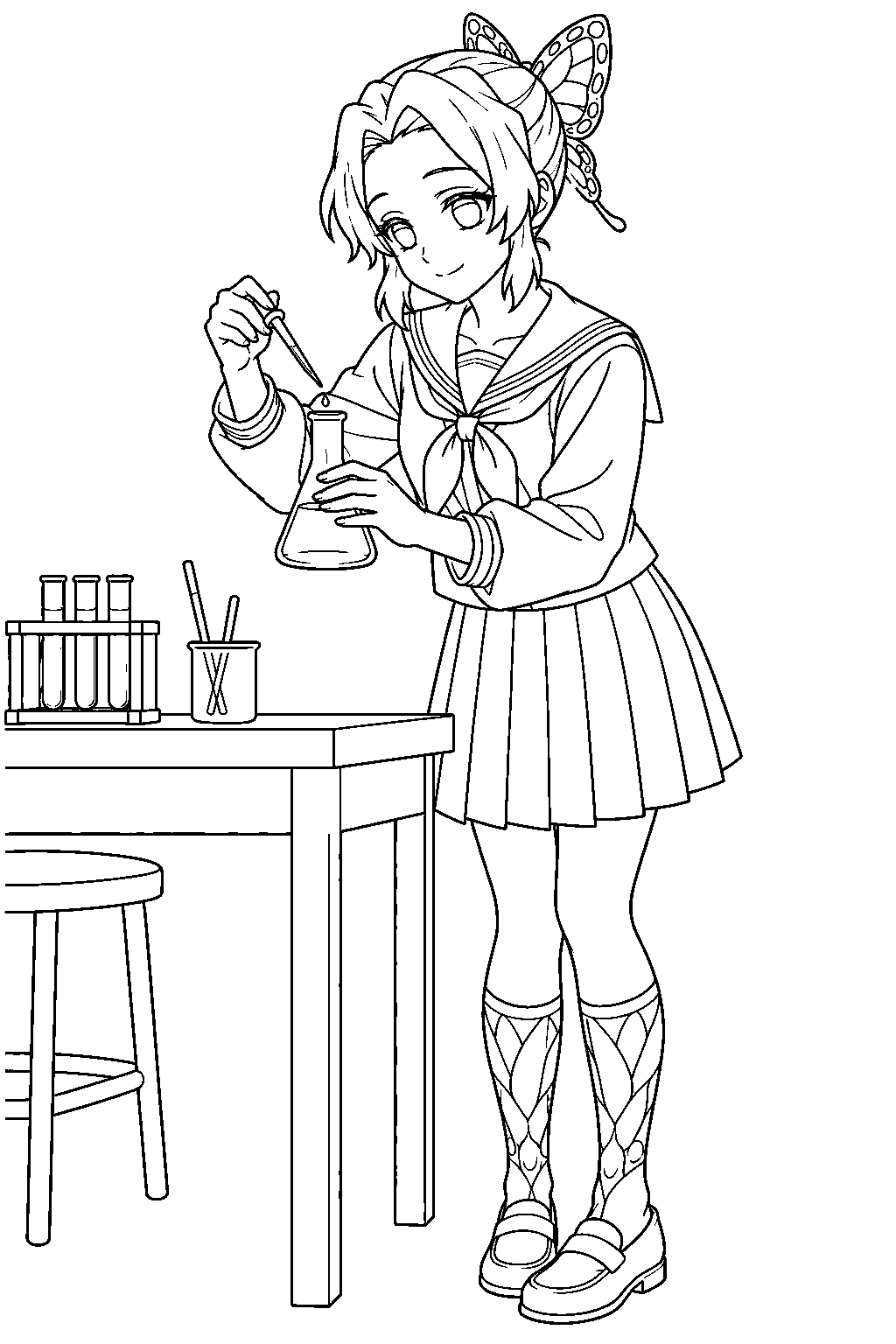 shinobu kocho performing an experiment in the kimetsu academy pharmaceutical research club line art