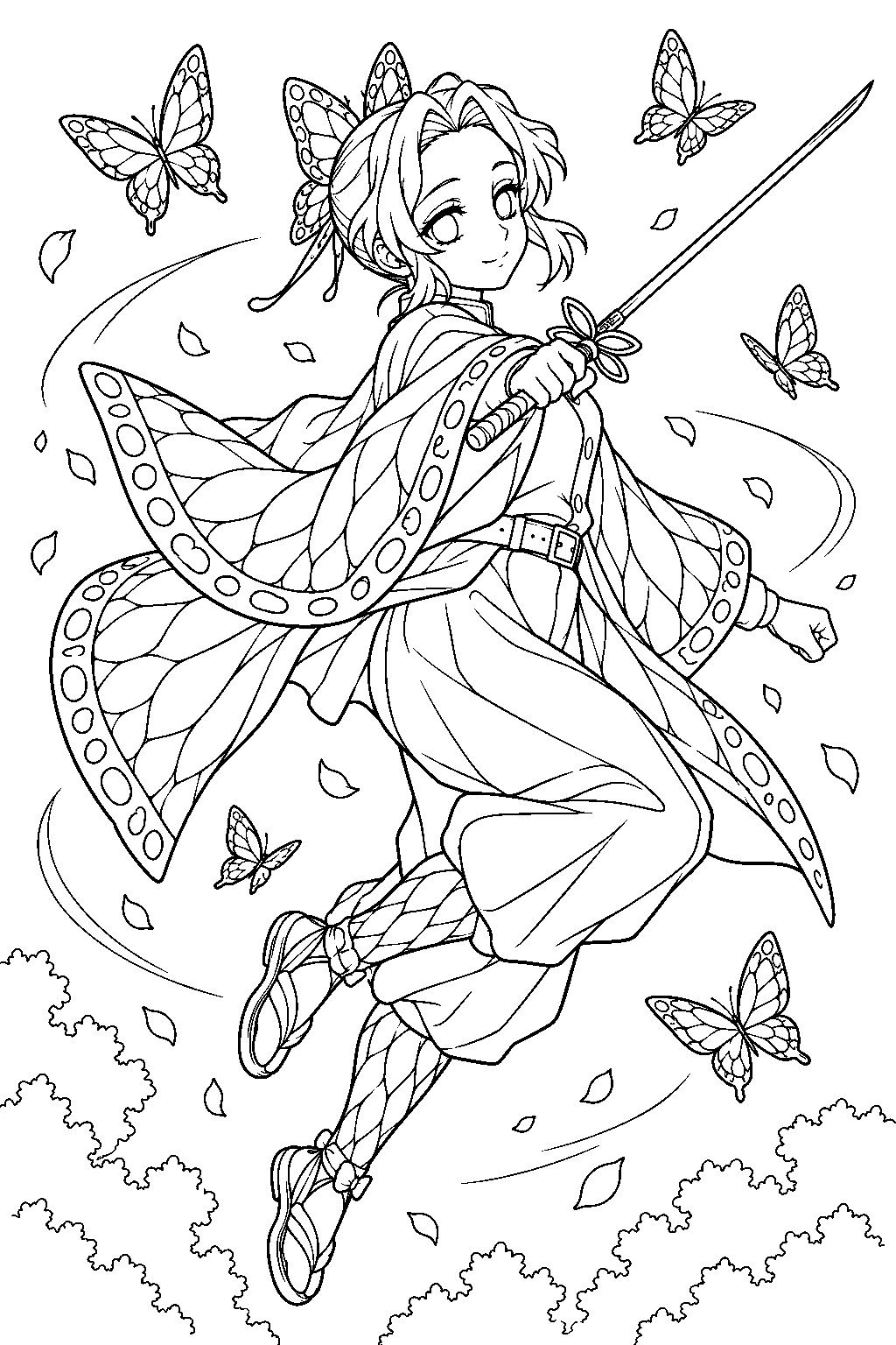 shinobu kocho performing butterfly dance above the forest floor line art