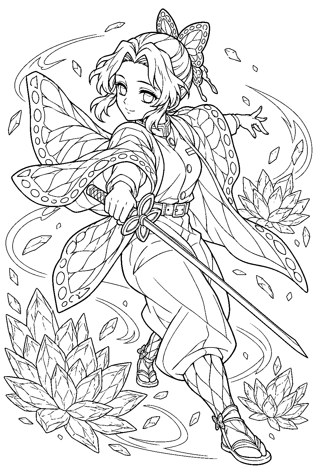 shinobu kocho performing dance of the dragonfly amid frozen lotus blossoms line art