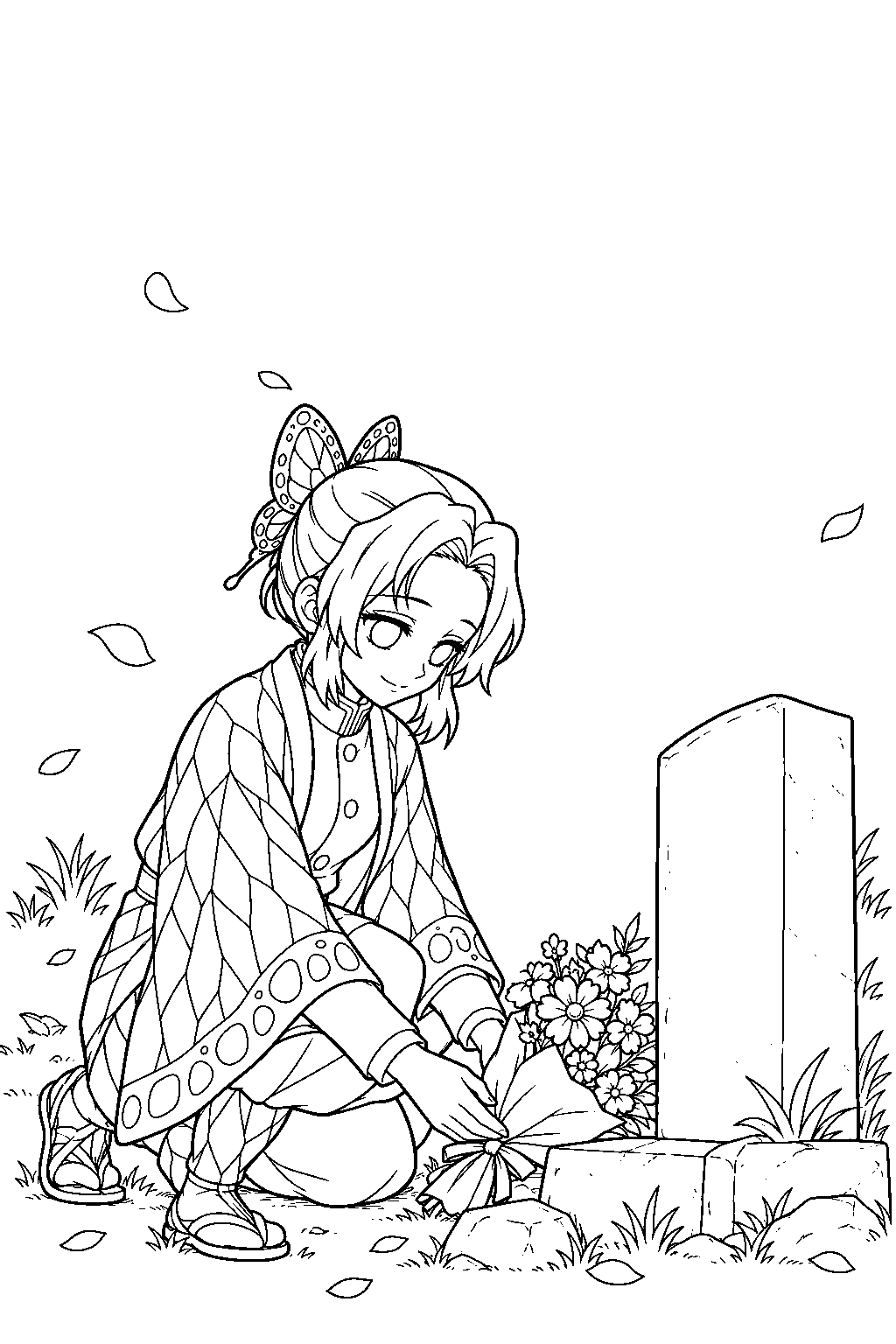 shinobu kocho placing flowers at kanae kocho s grave line art