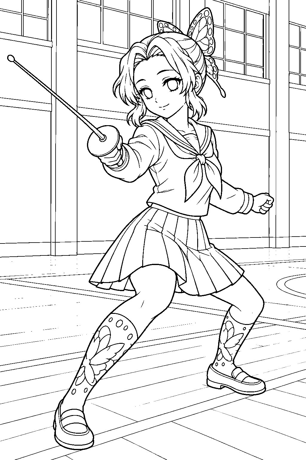 shinobu kocho practicing fencing in the kimetsu academy gym line art