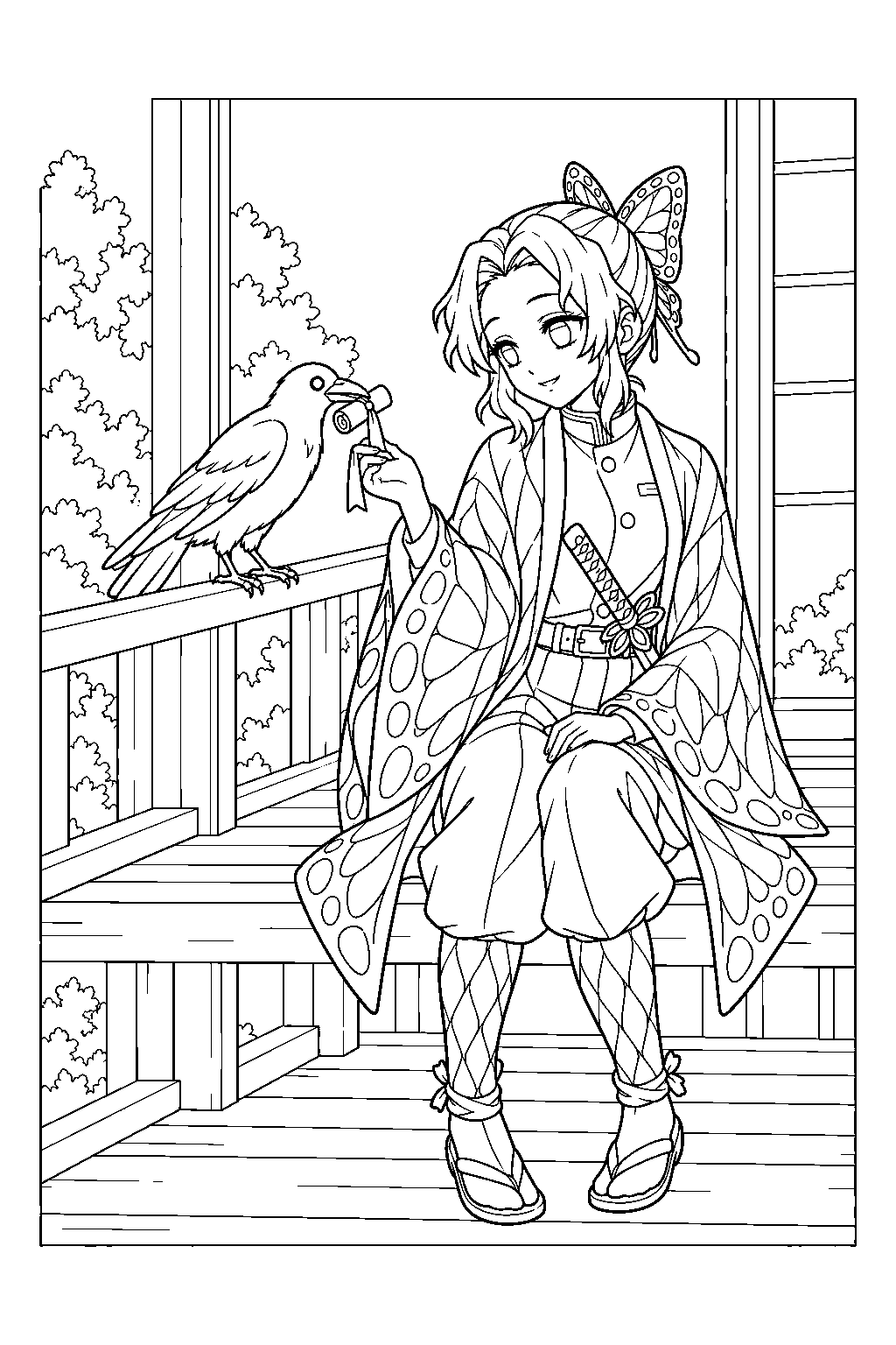 shinobu kocho receiving a message from her kasugai crow on the veranda line art