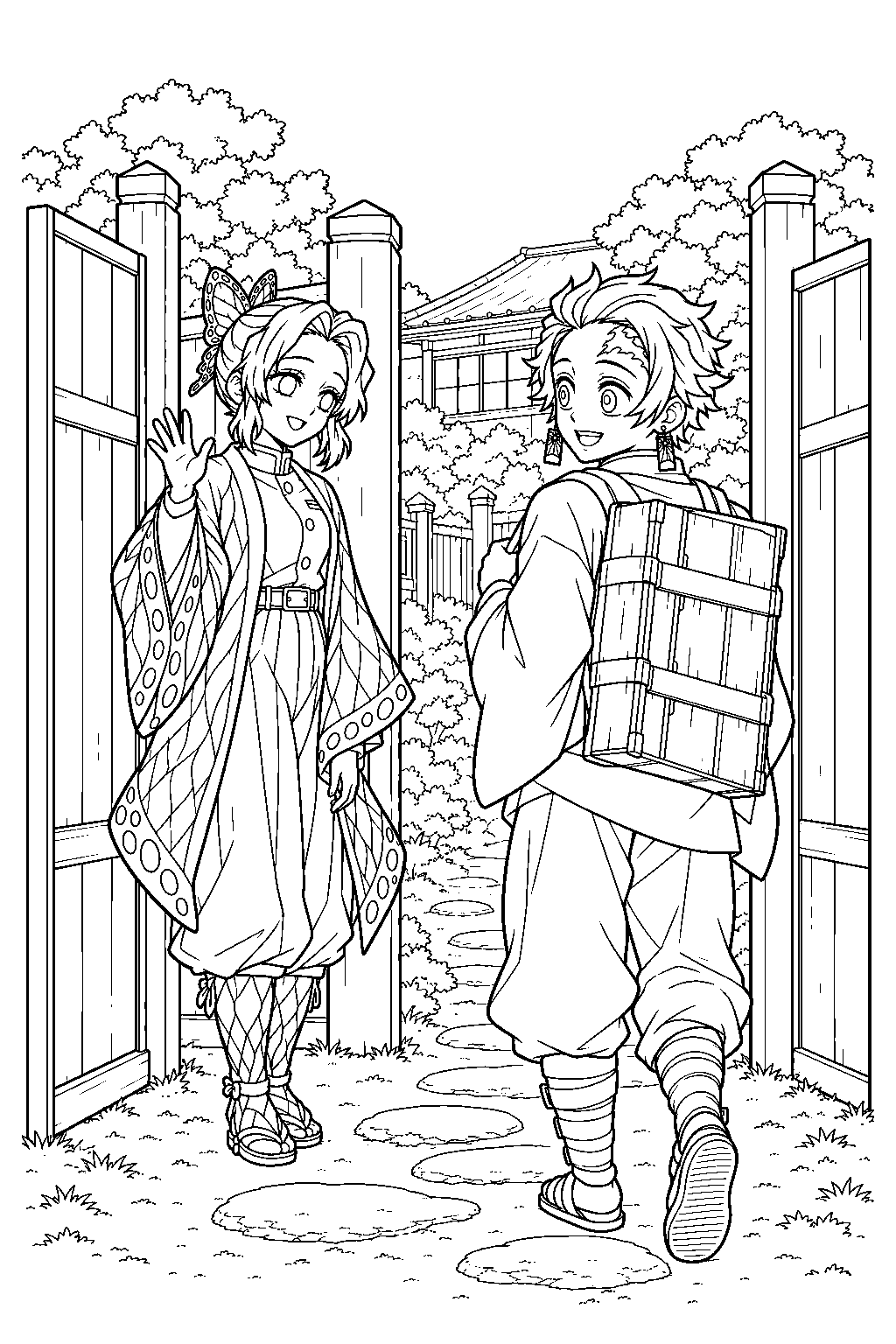 shinobu kocho seeing tanjiro kamado off at the butterfly mansion gate line art
