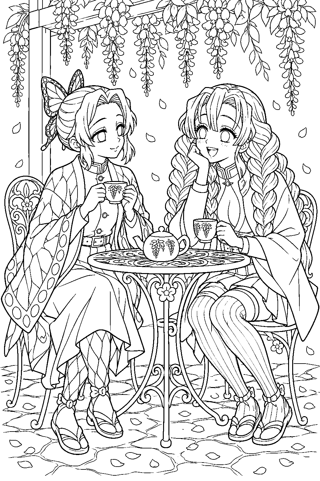 shinobu kocho sharing tea with mitsuri kanroji beneath flowering wisteria line art
