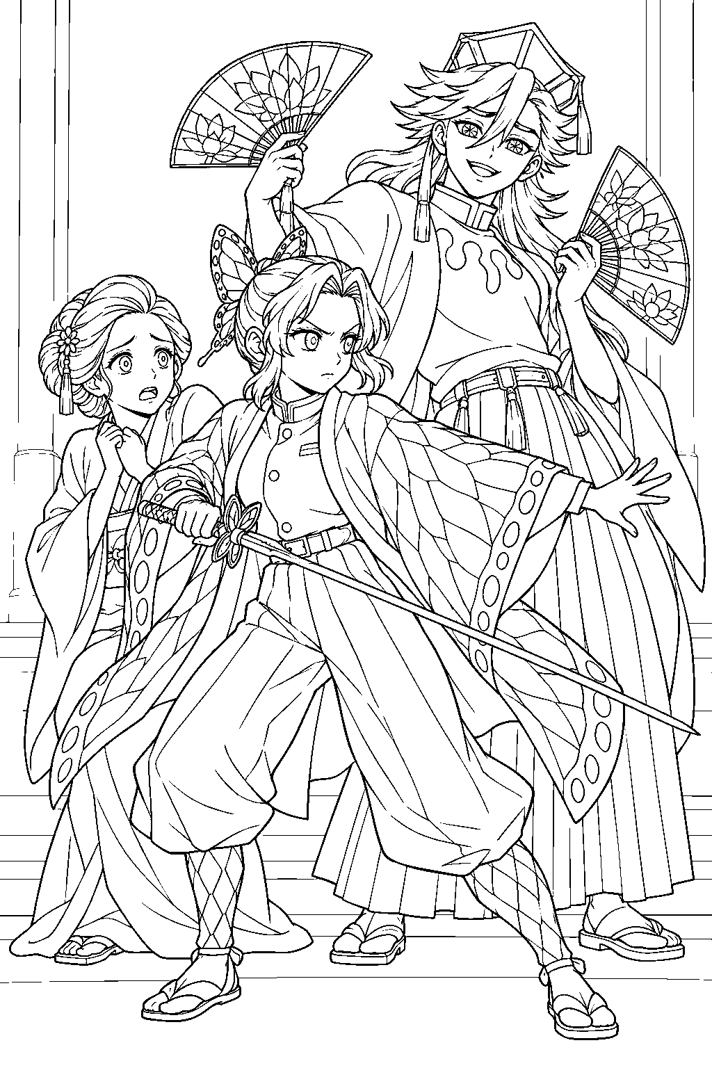 shinobu kocho shielding a frightened woman in doma s hall line art