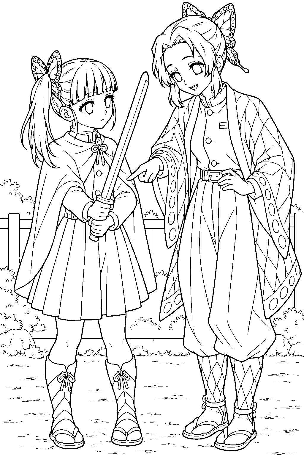 shinobu kocho showing kanao tsuyuri how to hold a wooden practice sword line art