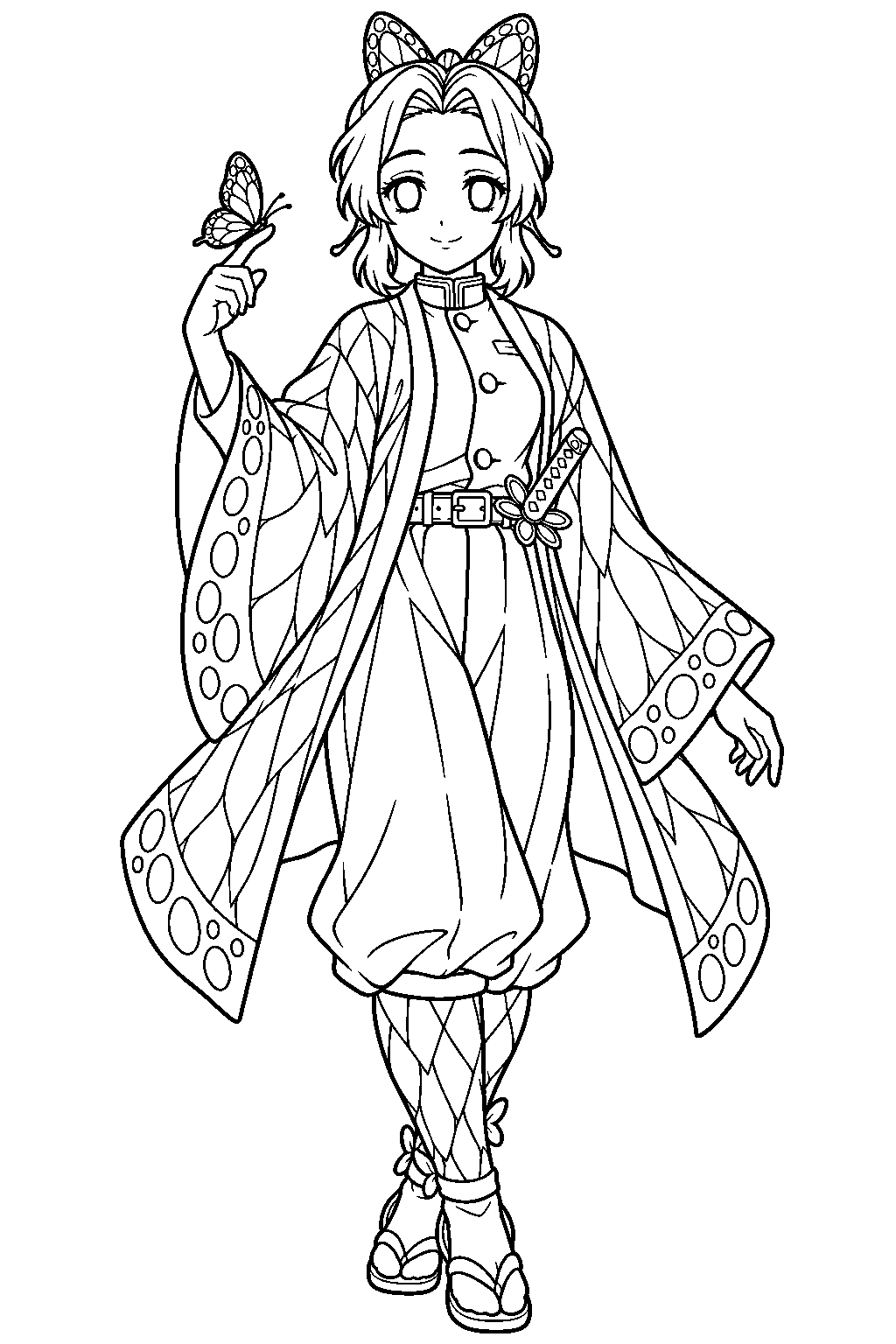 shinobu kocho smiling with a butterfly resting on her finger line art