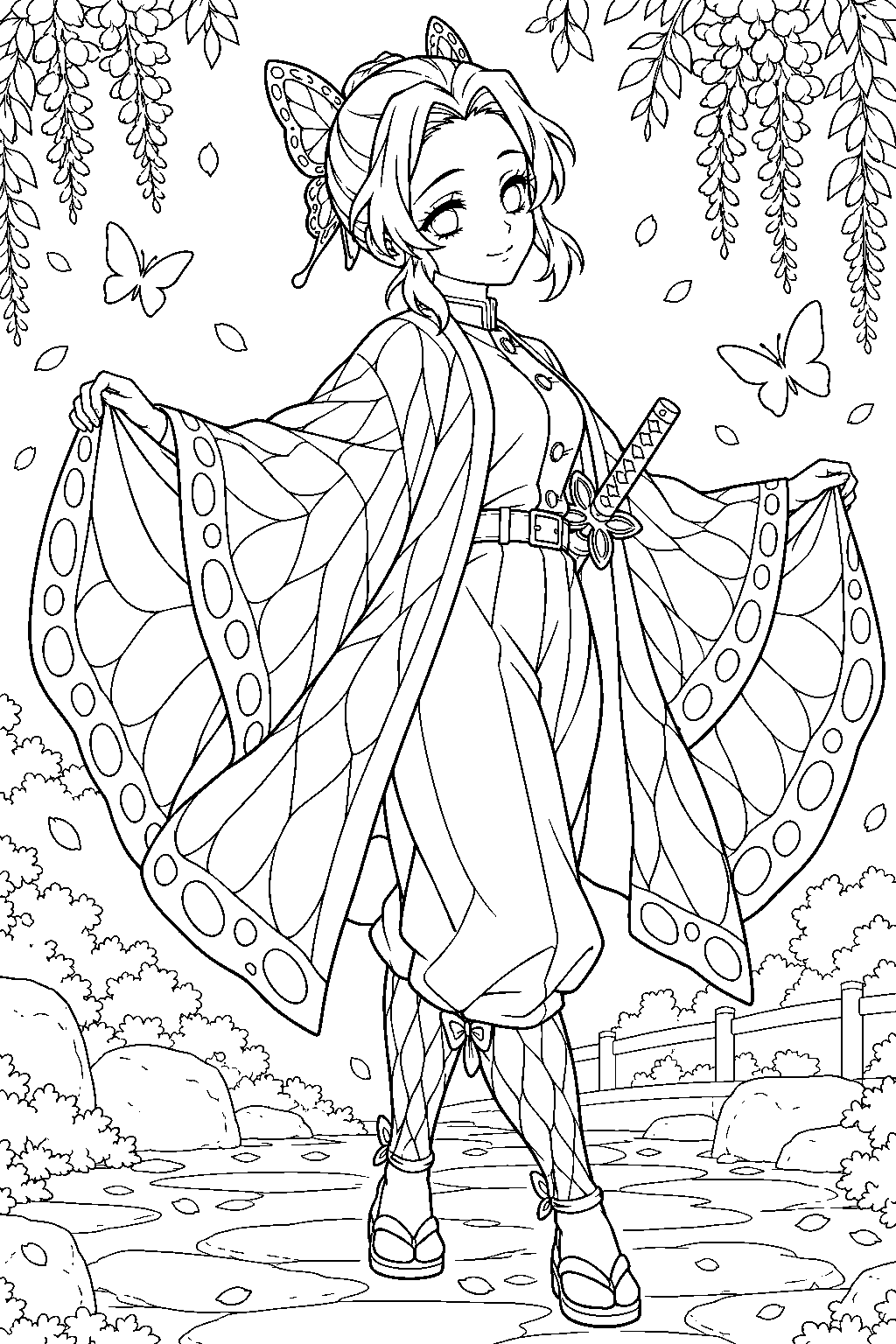 shinobu kocho spreading her butterfly wing haori in a garden breeze line art