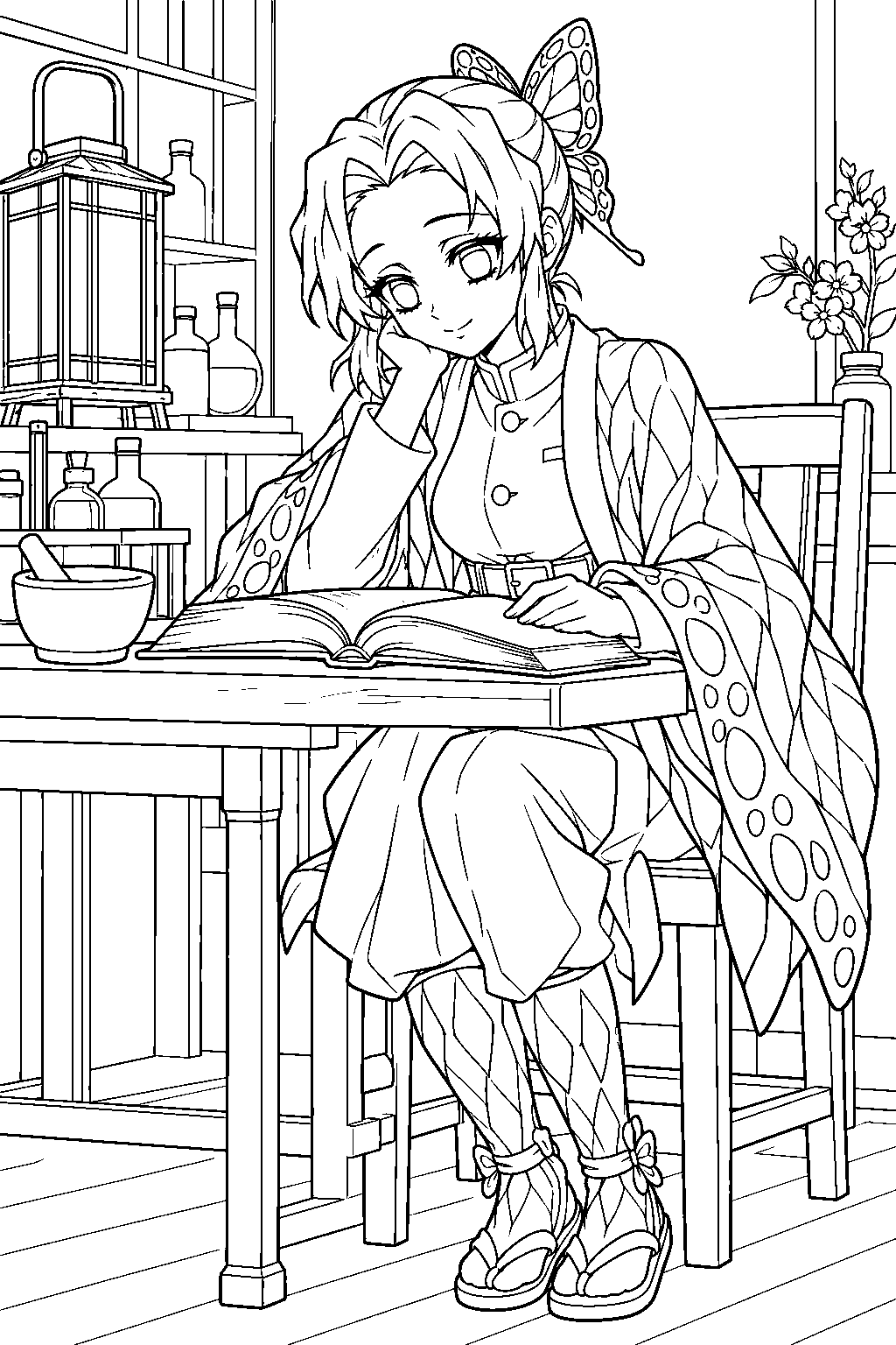 shinobu kocho studying a medical book in her lantern lit laboratory line art