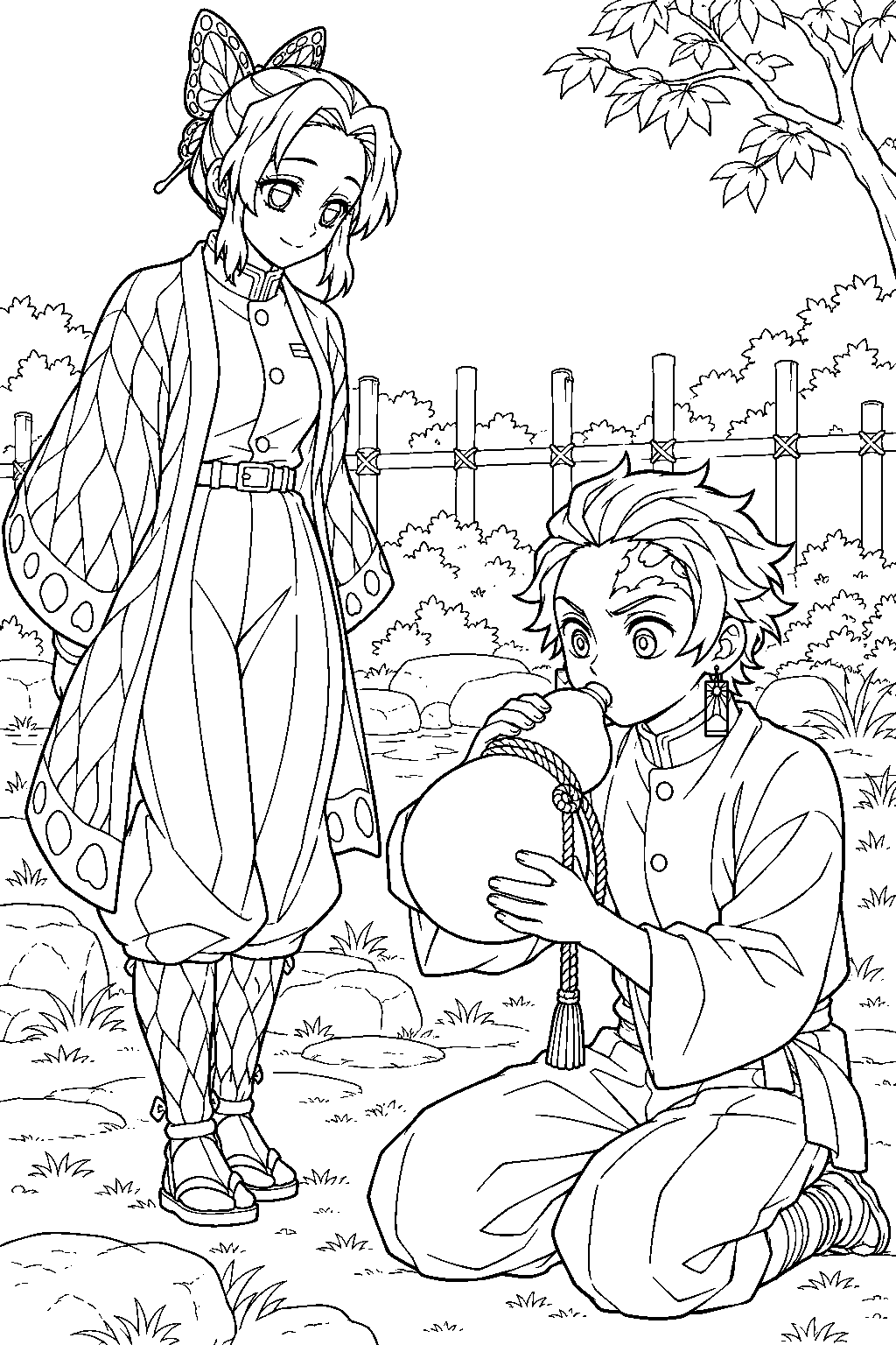 shinobu kocho supervising tanjiro kamado s breathing practice with a training gourd line art