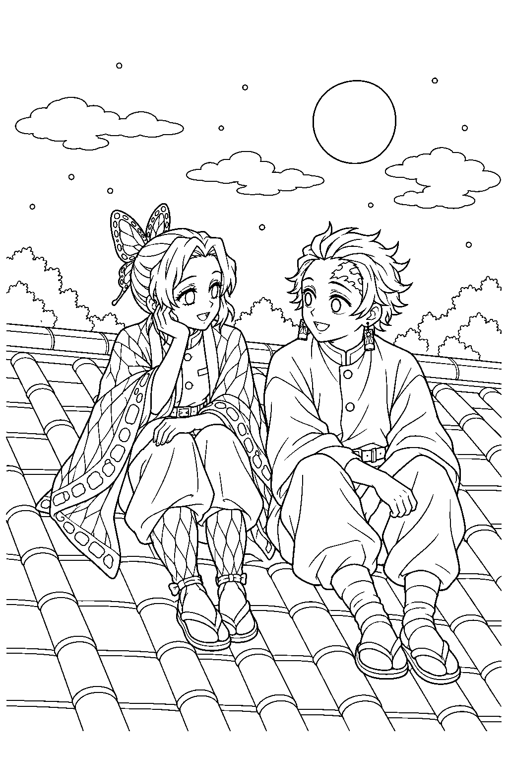 shinobu kocho talking with tanjiro kamado on the butterfly mansion roof line art