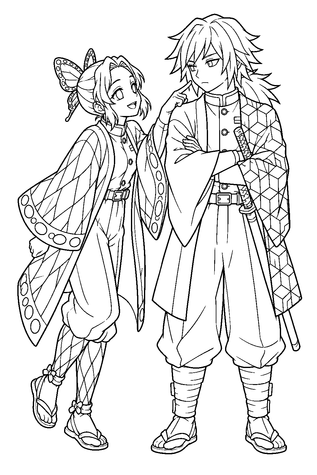 shinobu kocho teasing giyu tomioka as he folds his arms line art