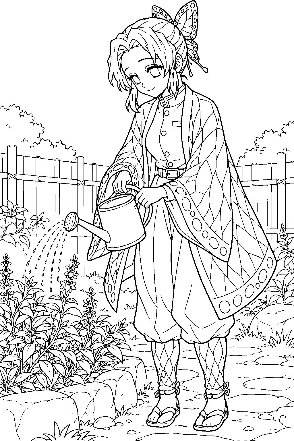 shinobu kocho tending medicinal plants in the butterfly mansion herb garden line art