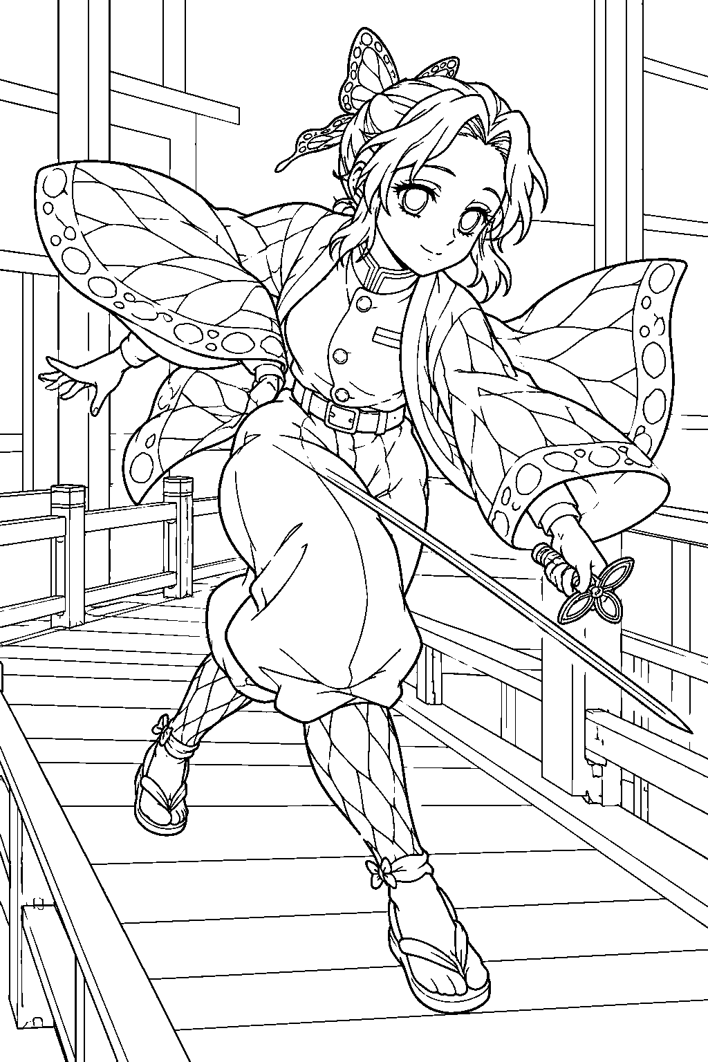 shinobu kocho using dance of the centipede across an infinity castle walkway line art