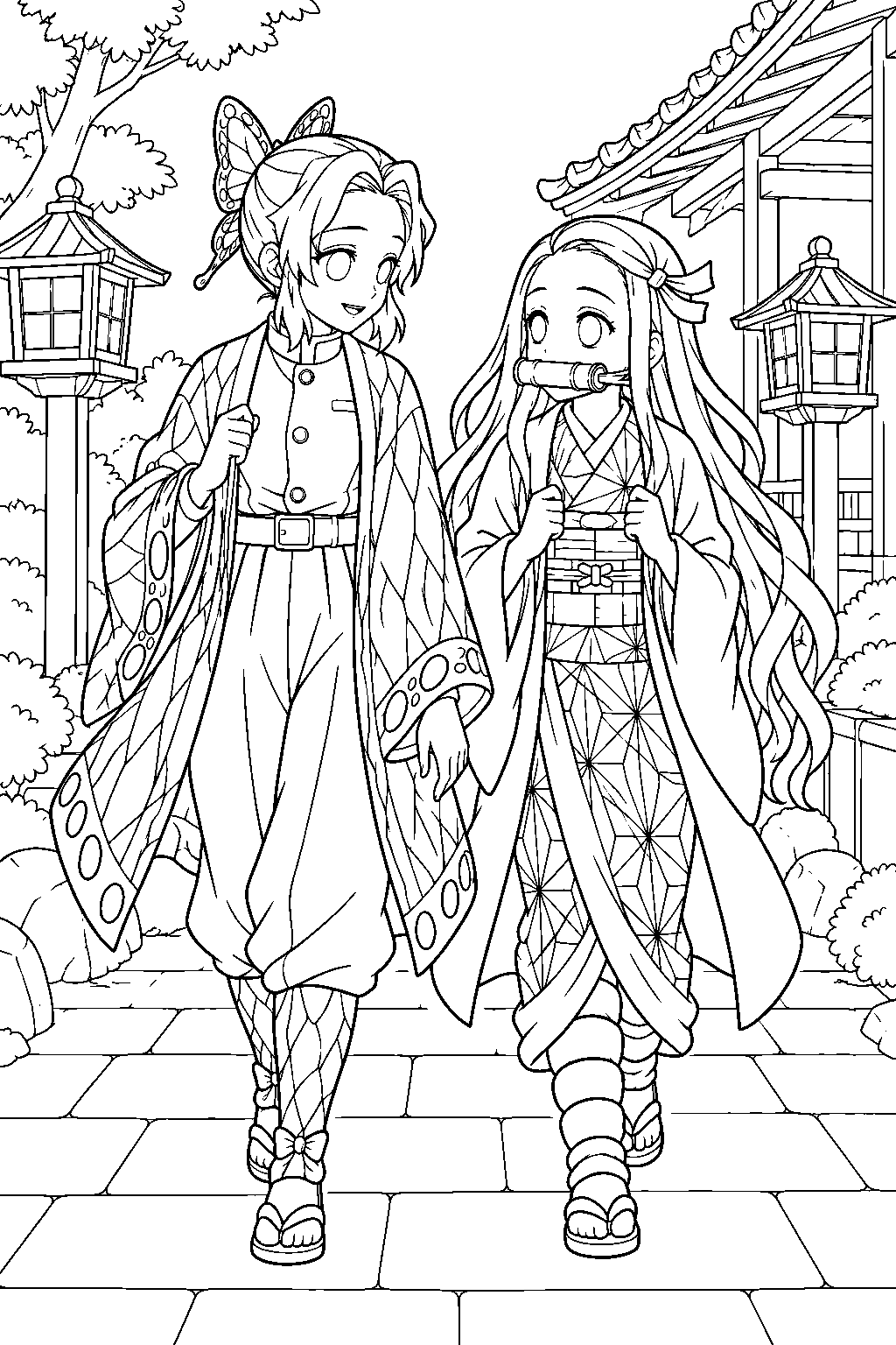shinobu kocho walking with nezuko kamado through a lantern lit courtyard line art