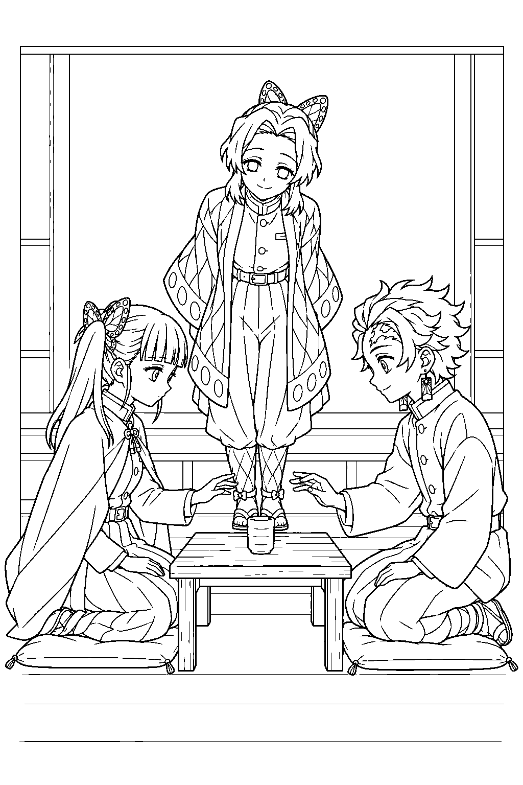shinobu kocho watching kanao tsuyuri and tanjiro kamado s cup reflex training line art