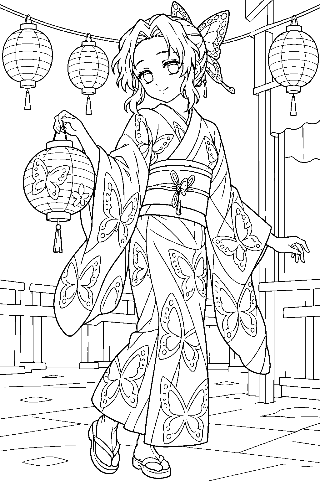 shinobu kocho wearing a butterfly patterned kimono at a summer festival line art