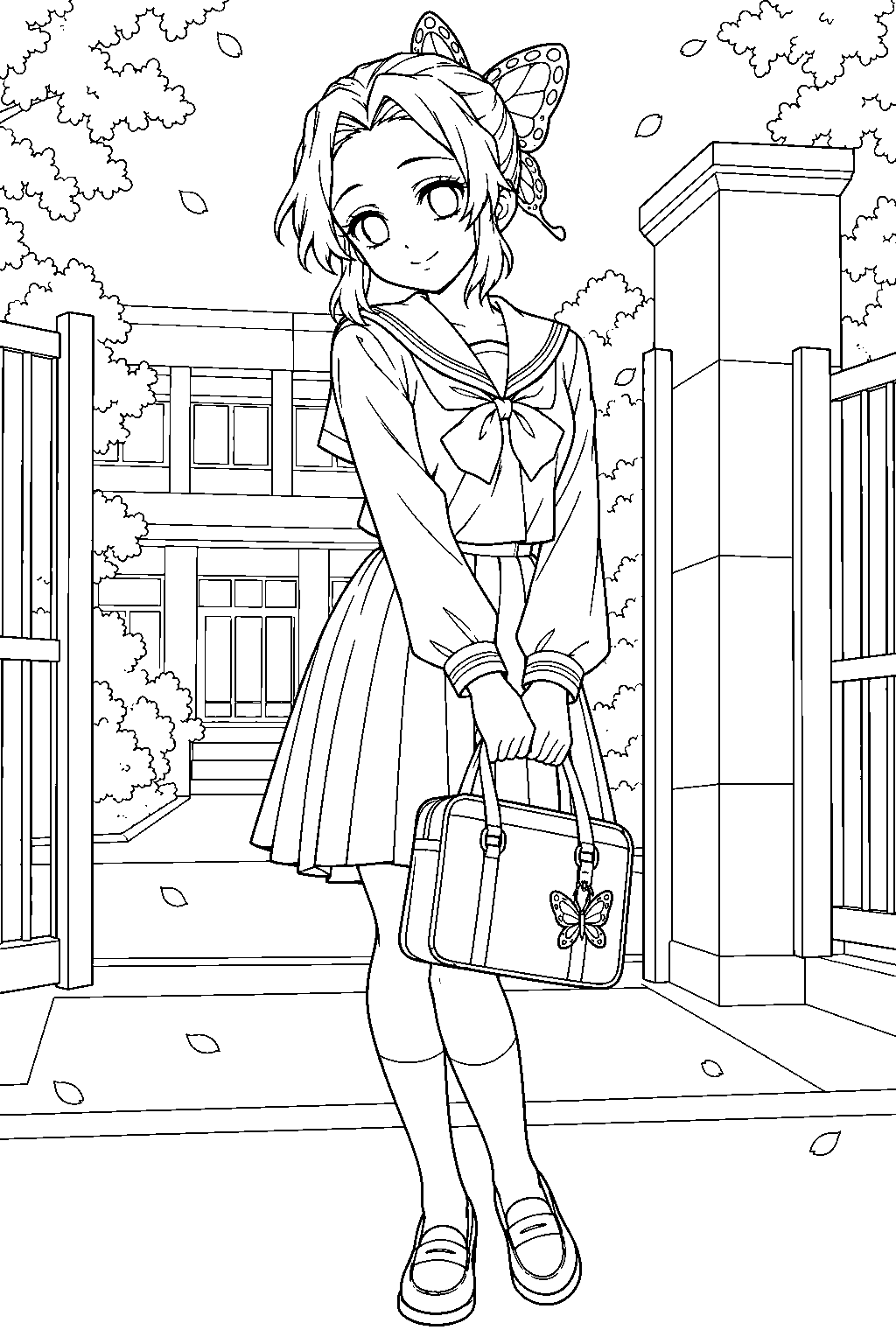 shinobu kocho wearing her kimetsu academy uniform at the school entrance line art