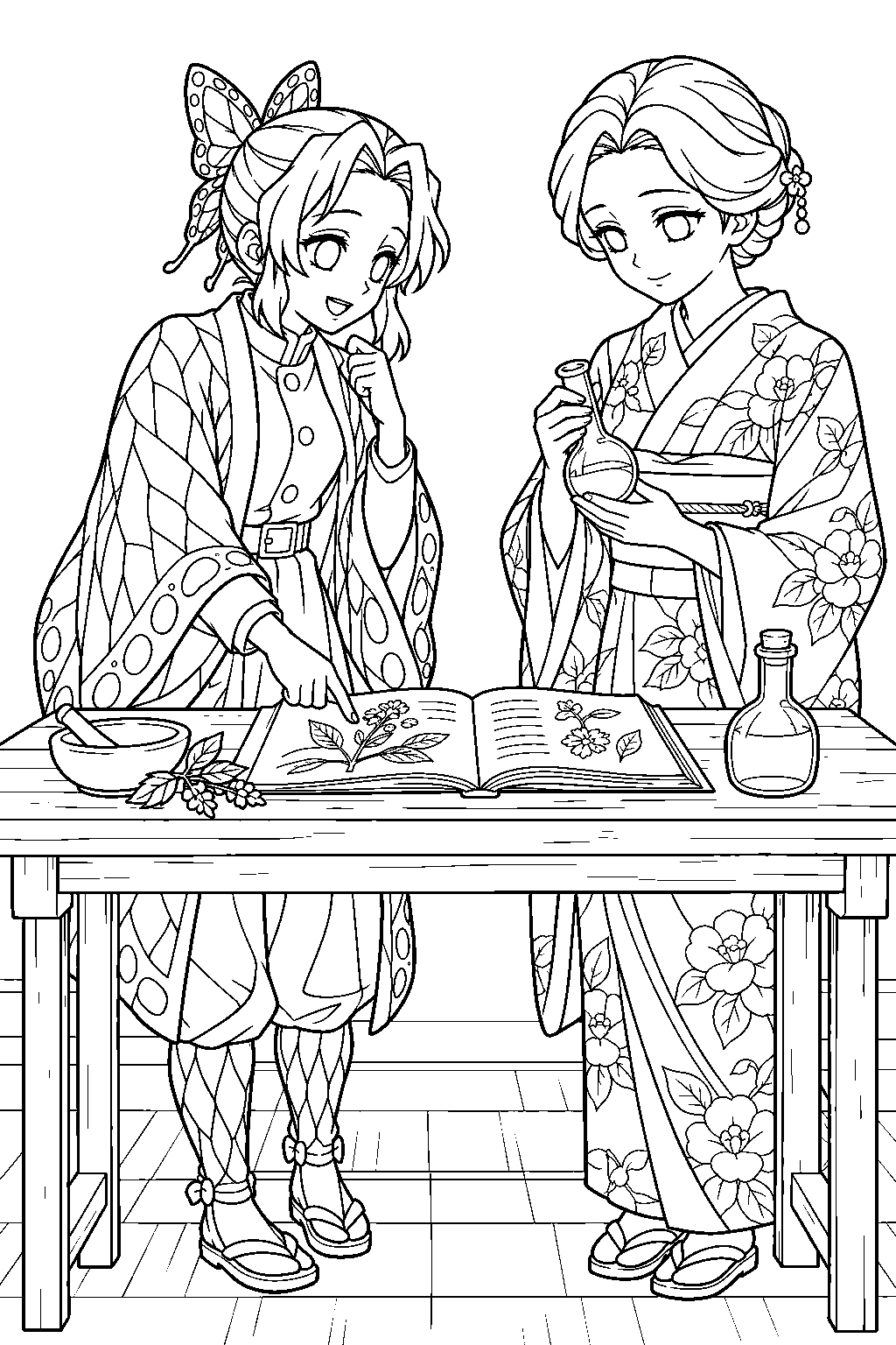 shinobu kocho working with tamayo on a medicine formula line art