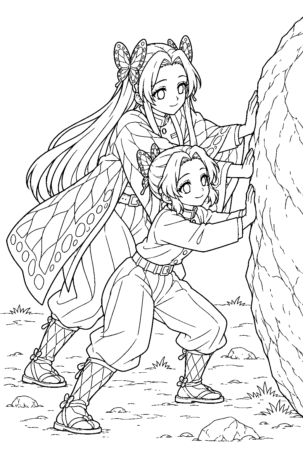 young shinobu kocho and kanae kocho pushing a training boulder together line art