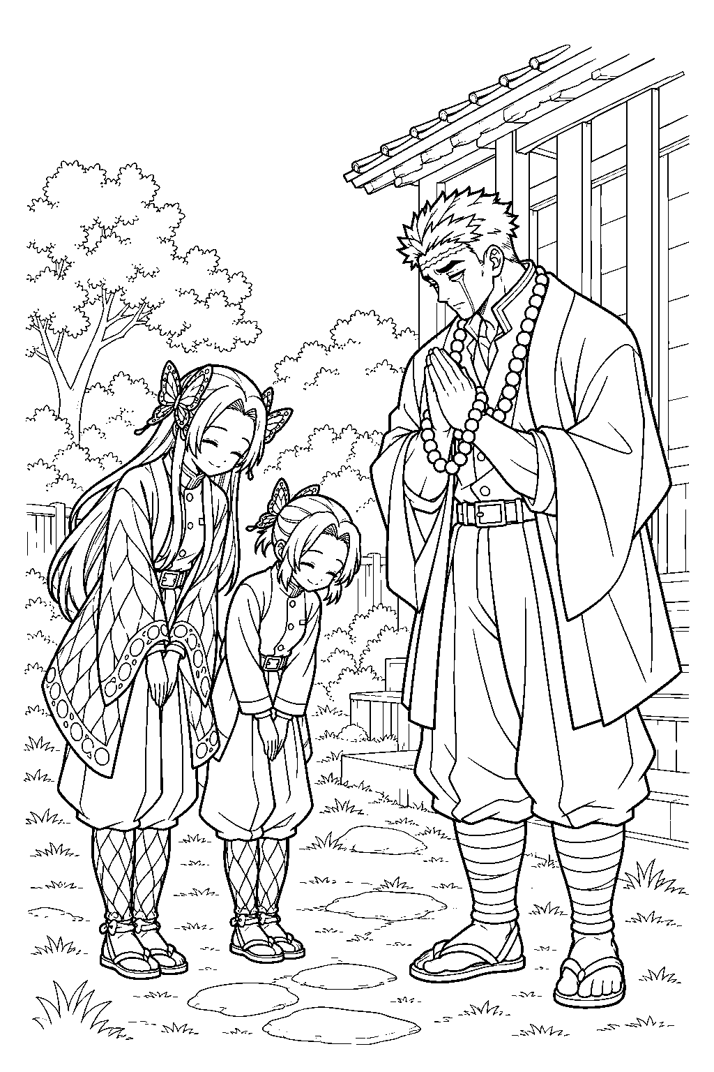 young shinobu kocho and kanae kocho thanking gyomei himejima for rescuing them line art