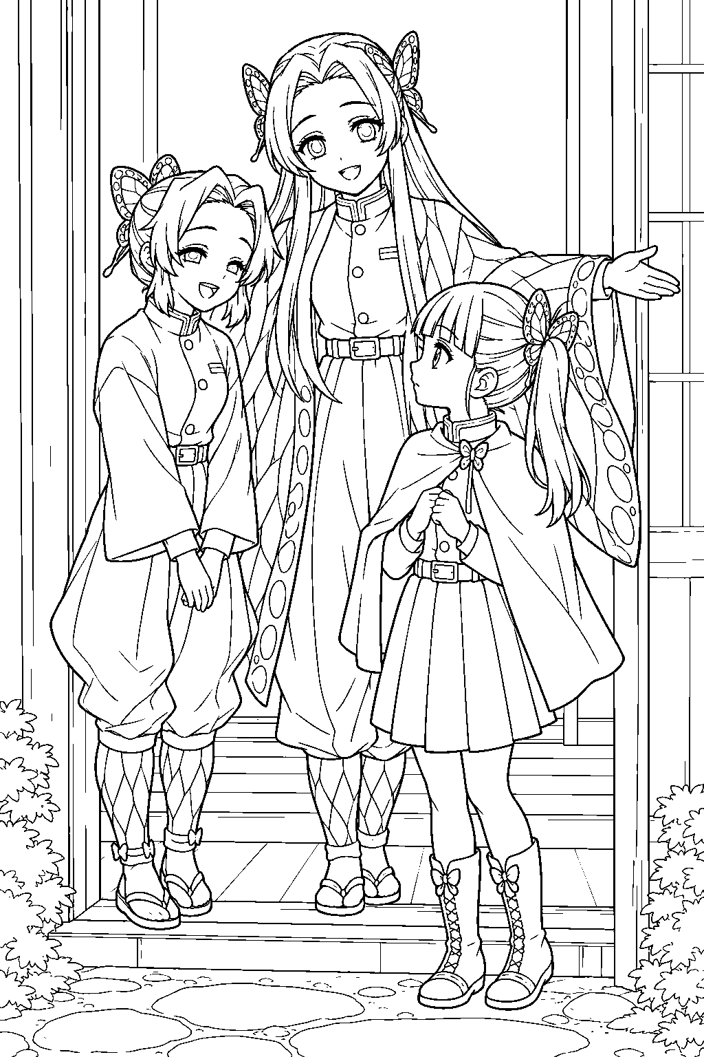 young shinobu kocho and kanae kocho welcoming kanao tsuyuri to their home line art