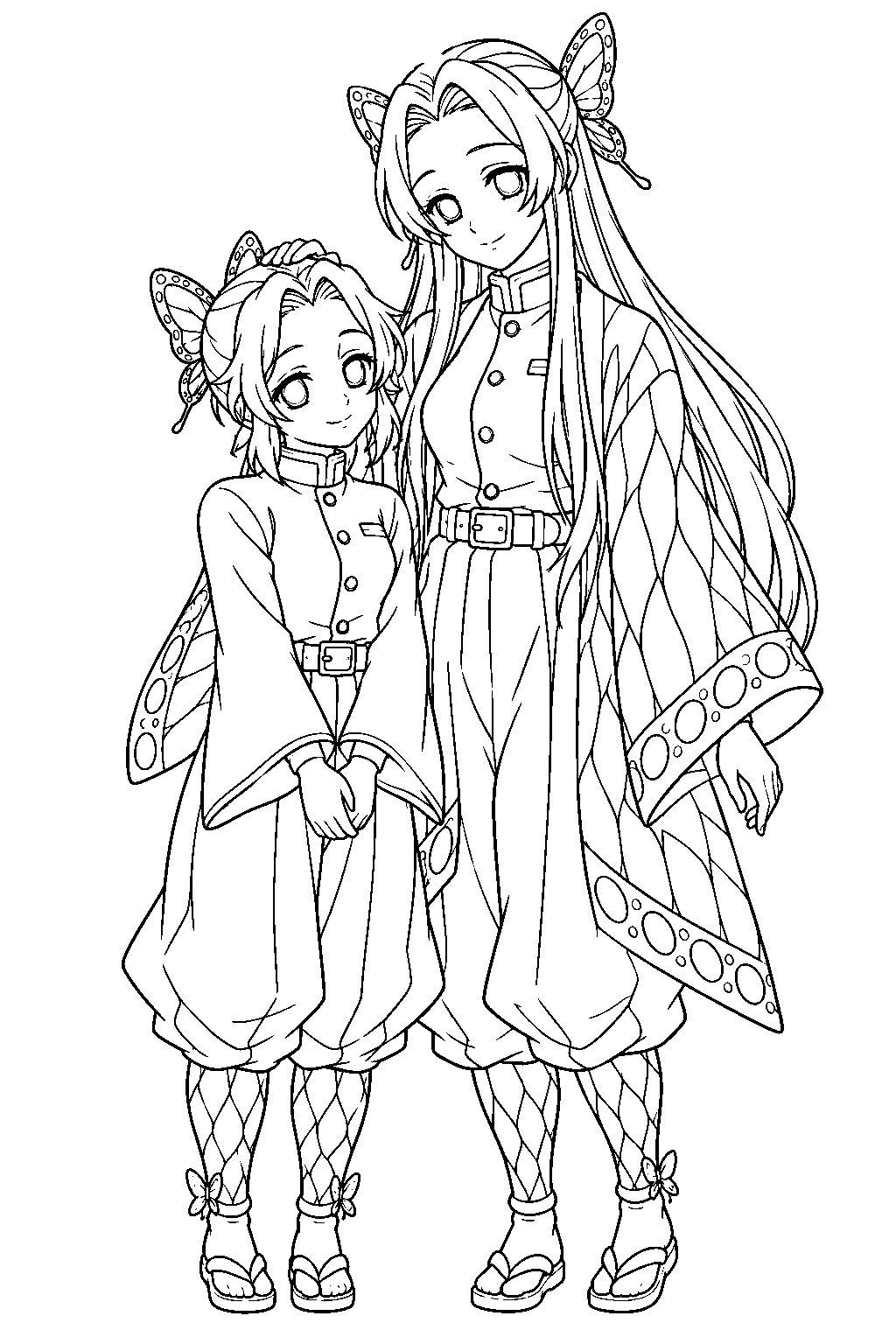 young shinobu kocho wearing her original demon slayer uniform beside kanae kocho line art