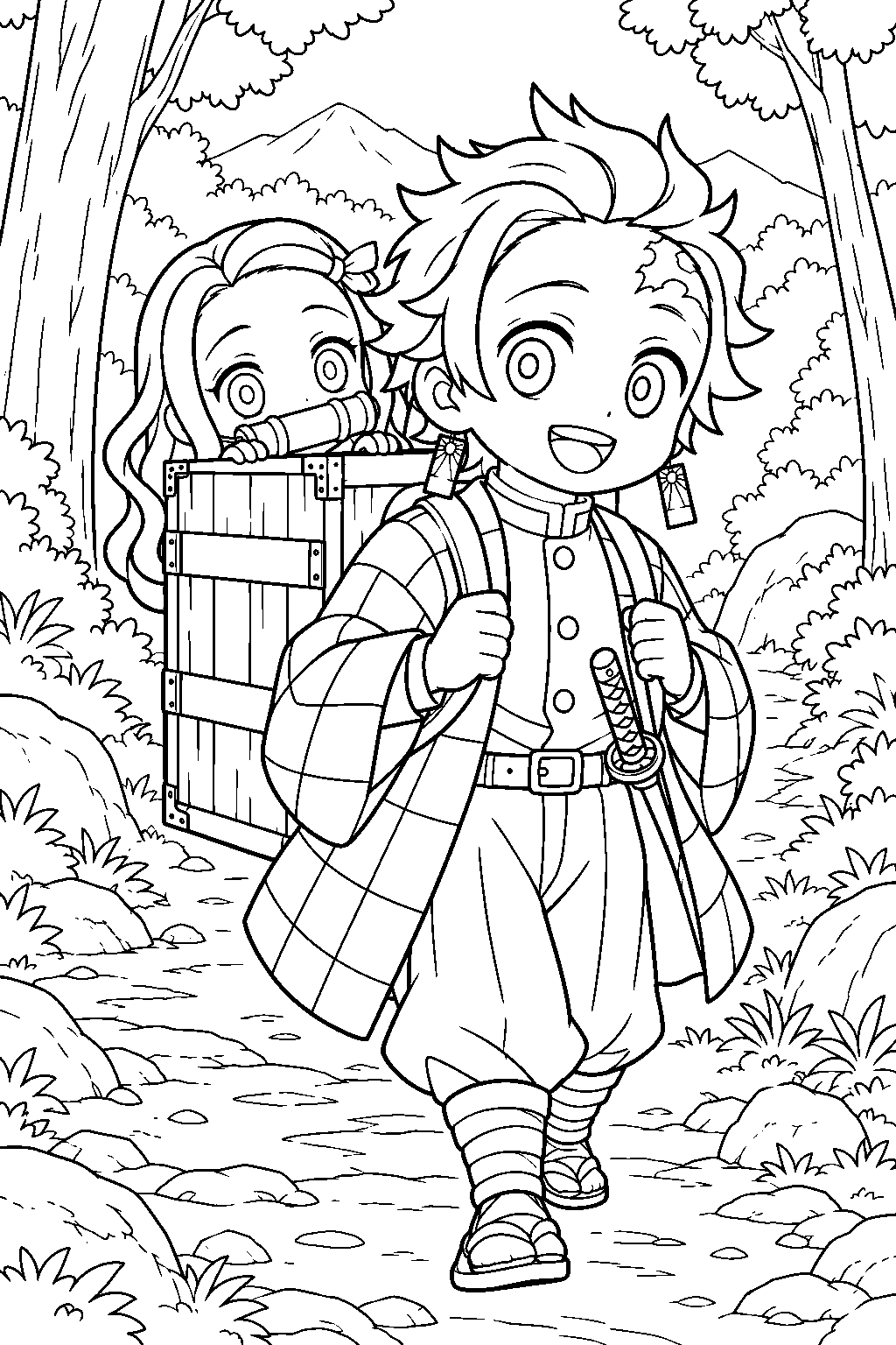 chibi tanjiro carrying nezuko in her wooden box along a forest path line art