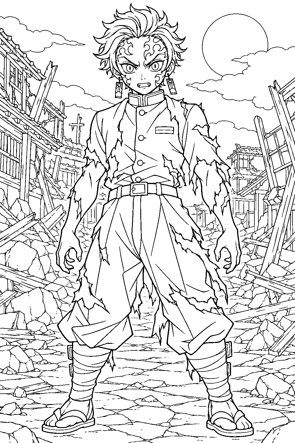 demon king tanjiro with facial flame markings and a torn uniform in the ruined city line art