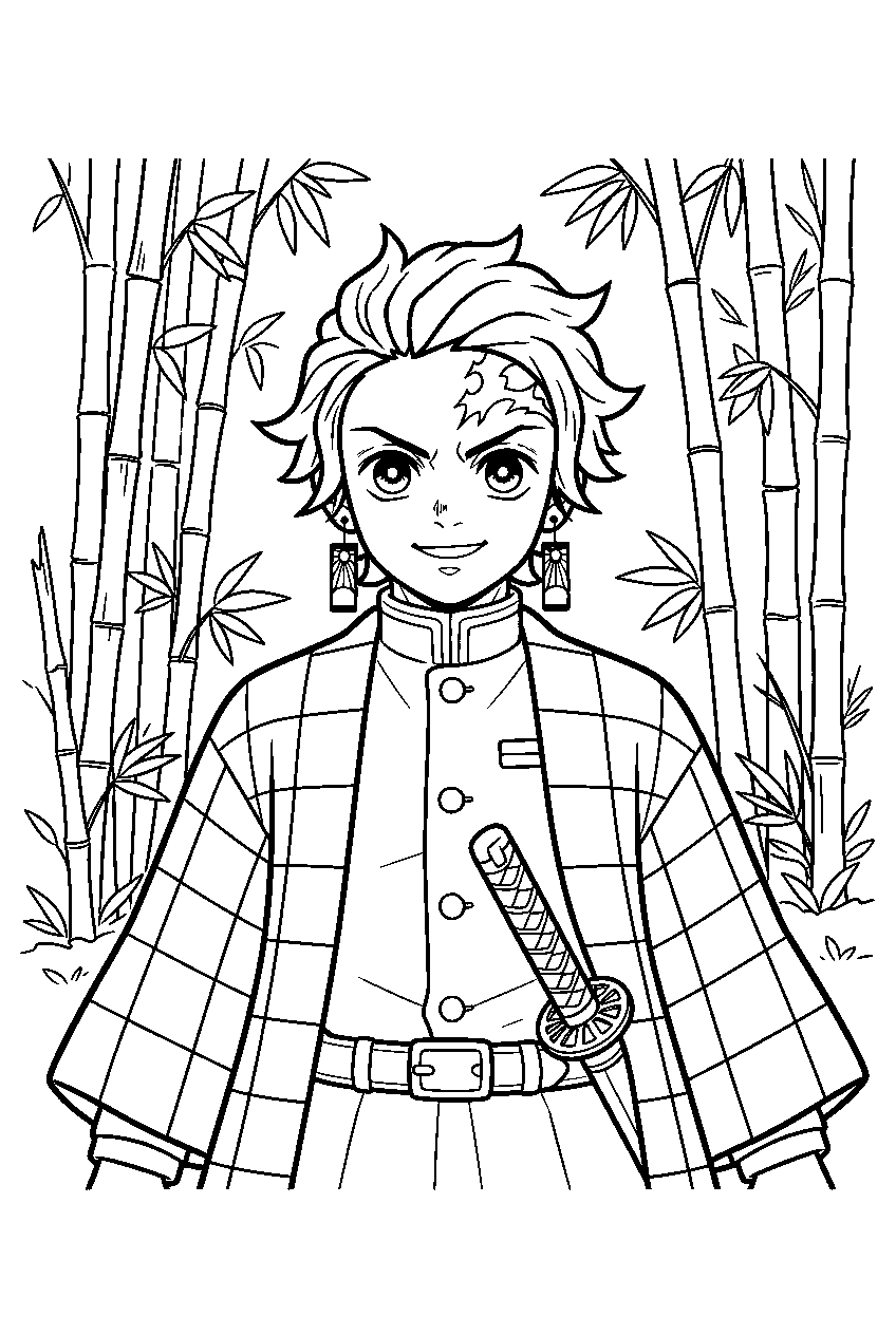 demon slayer tanjiro in bamboo grove line art