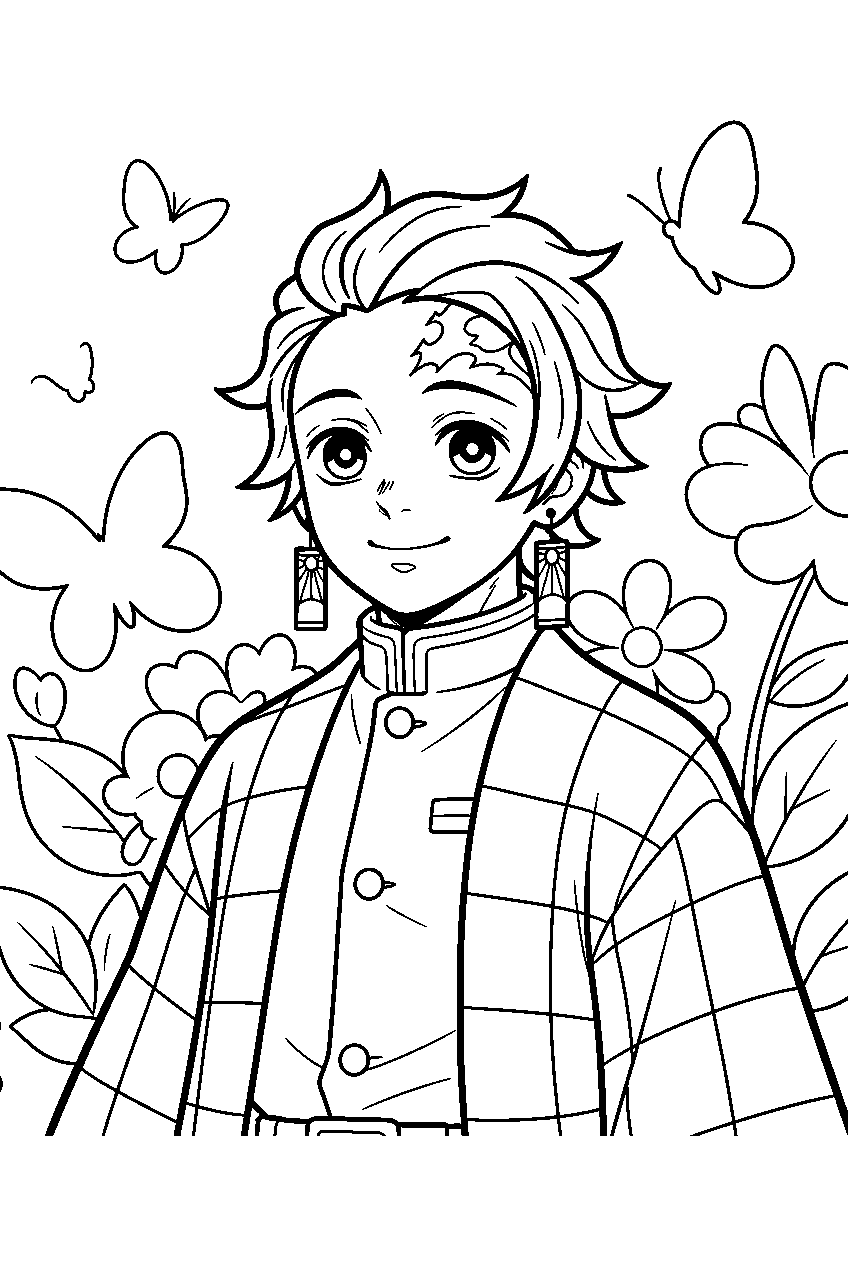 demon slayer tanjiro in butterfly garden line art