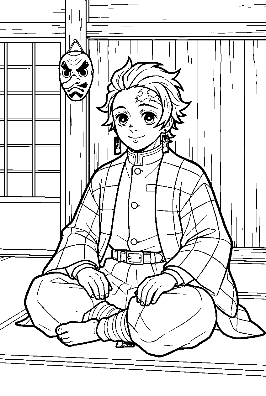 demon slayer tanjiro in sakonji s house line art