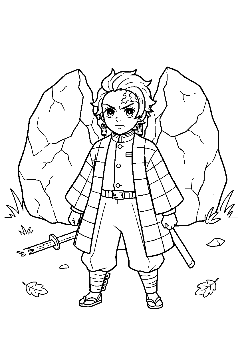 demon slayer tanjiro near split boulder line art