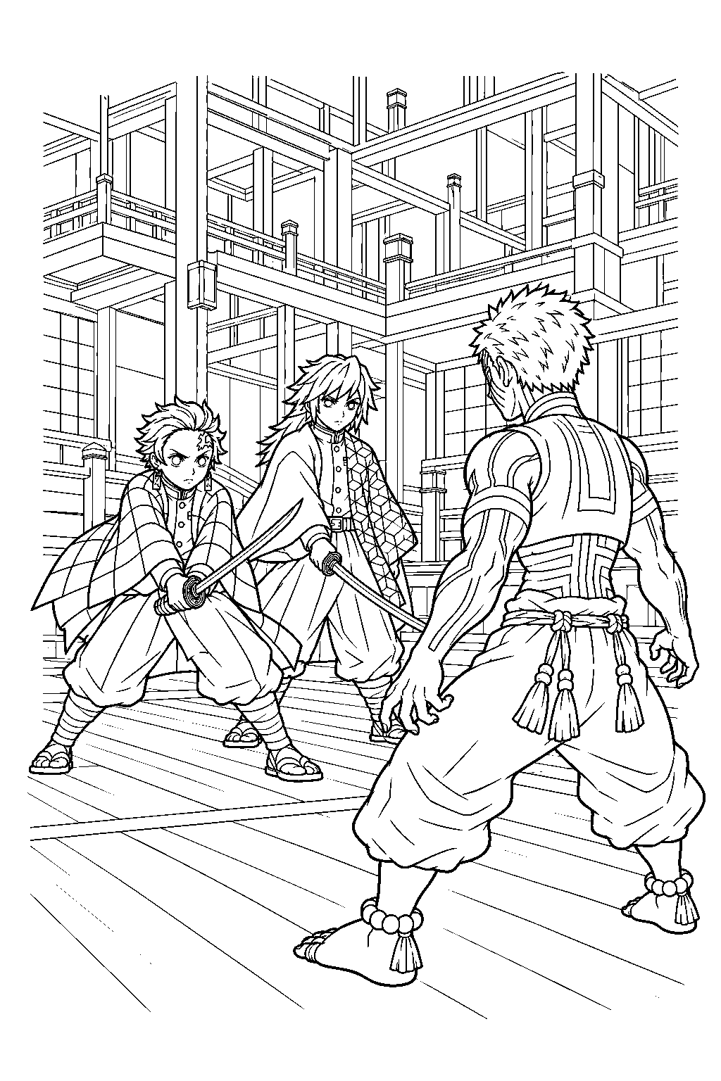 tanjiro and giyu confronting akaza in the infinity castle line art