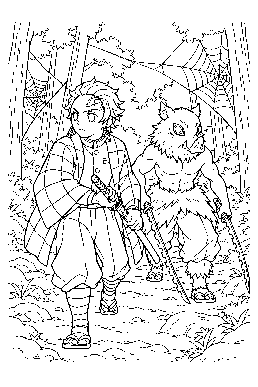 tanjiro and inosuke searching the spider webs on mount natagumo line art