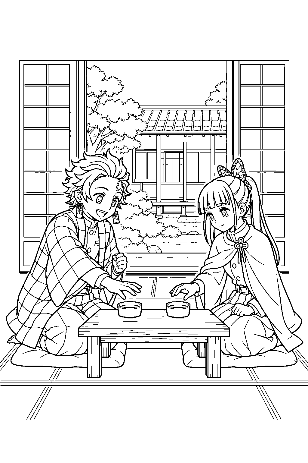 tanjiro and kanao playing the reflex cup game at the butterfly mansion line art